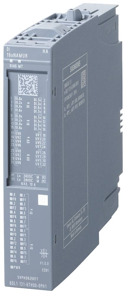 Plavi Siemens PLC modul s natpisom 'DI 16xNAMUR'. Prikazuje tehničke specifikacije i podatke o modelu na prednjoj strani.