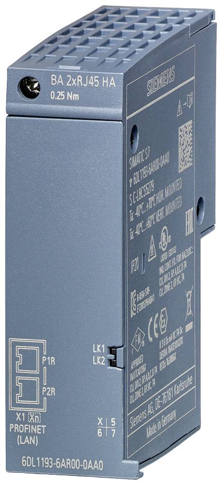 Plavi elektronički uređaj tvrtke Siemens za industrijsku automatizaciju s dva Ethernet priključka i specifičnim brojevima modela.