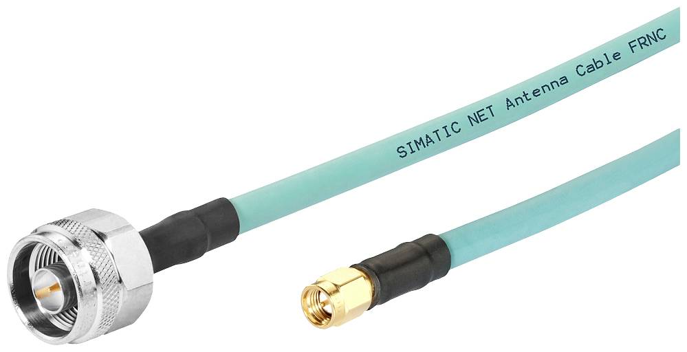 Antenski kabel s dva priključka: lijevo veća metalna veza, desno manja zlatna veza. Natpis 'SIMATIC NET Antenna Cable FRNC'.