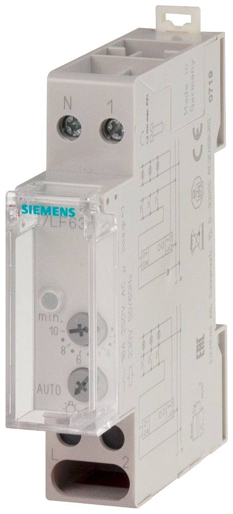Elektronički vremenski relej tvrtke Siemens s mogućnostima podešavanja i priključcima; pogodan za industrijske upravljačke sustave.