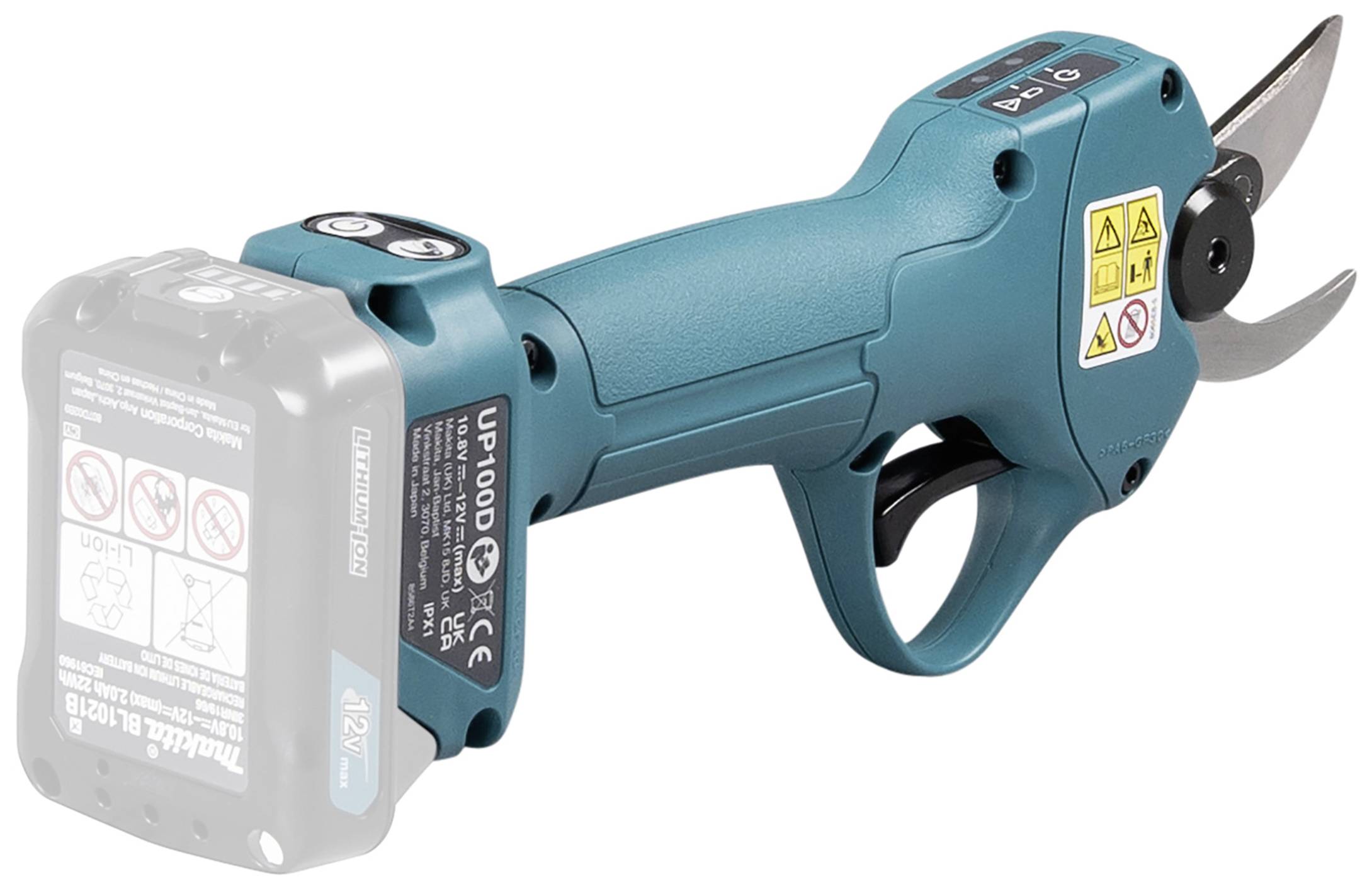 Električne vrtne škare u plavoj boji, s crnom ručkom i reznom oštricom. Sa strane su vidljive sigurnosne upozorenja.