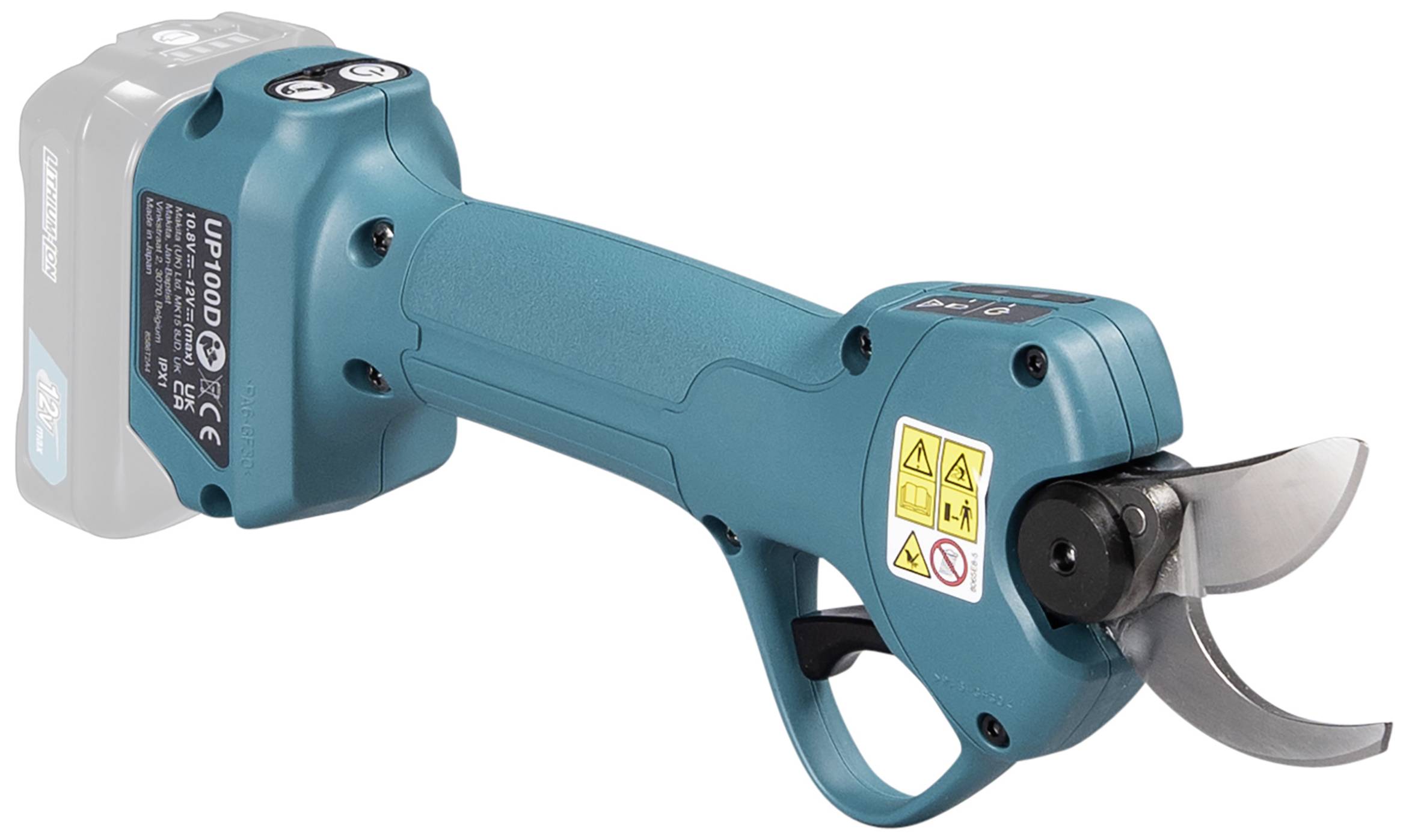 Električne škare za grane s plavim kućištem i ergonomskom drškom, pogodne za precizno rezanje u uređenju vrtova i krajolika.