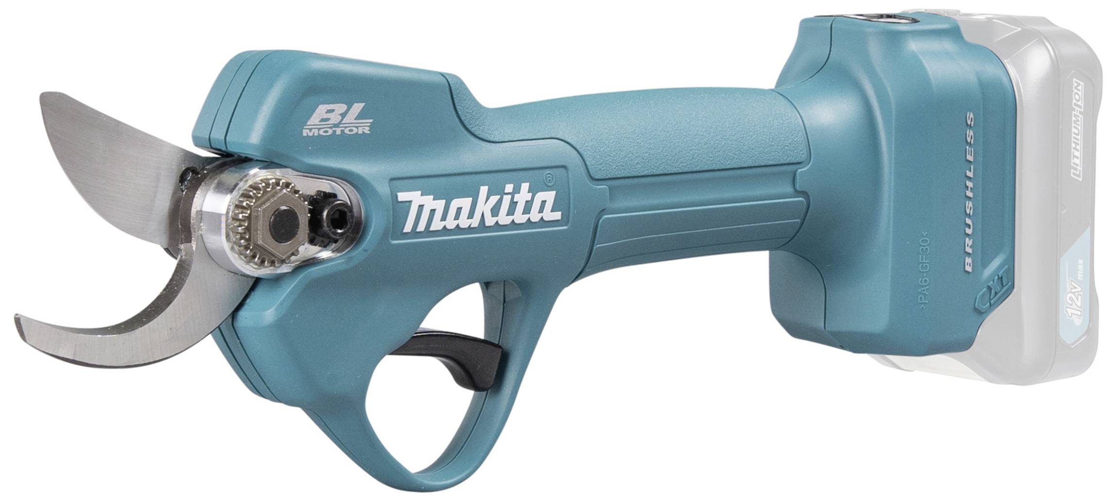 Električne vrtne škare u plavoj boji, marca 'Makita', s ergonomskom drškom i oštrim oštricama, pogodne za precizno rezanje.