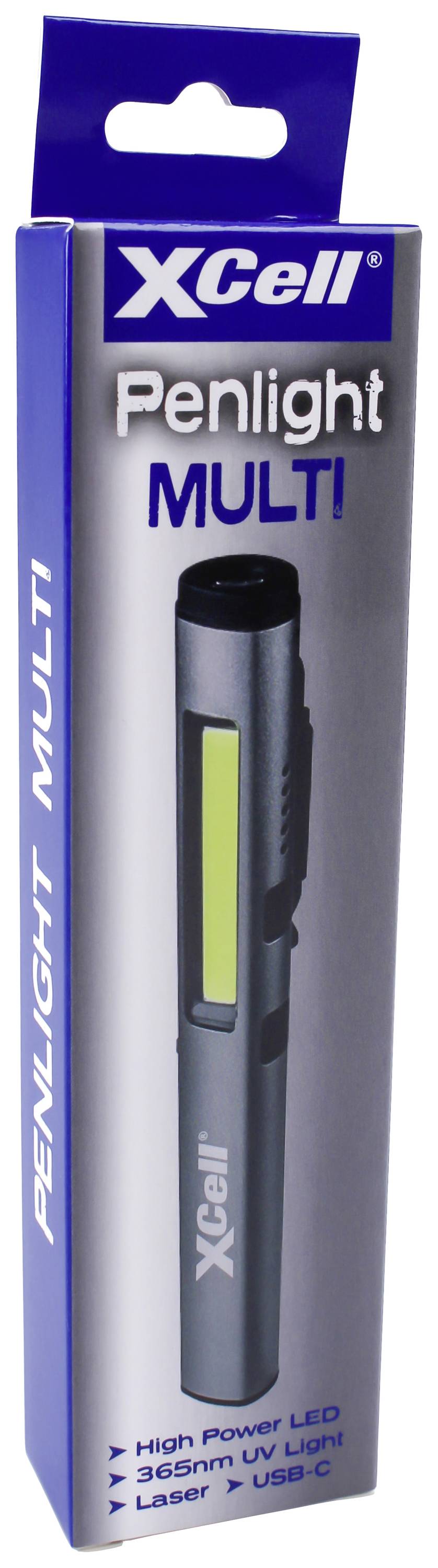 'XCell Penlight MULTI' paket prikazuje sivi džepni svjetlosni pisaljku s LED, UV svjetlom i laserskim funkcijama. Punjenje se vrši putem USB-C priključka.
