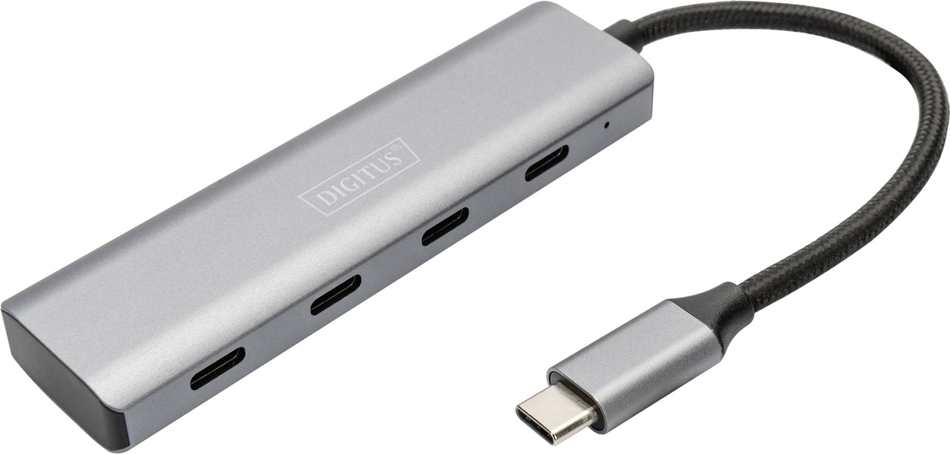 USB-C Hub u srebrnoj boji s četiri priključka i kratkim kabelom. Pogodan za proširenje priključaka laptopa ili računala.