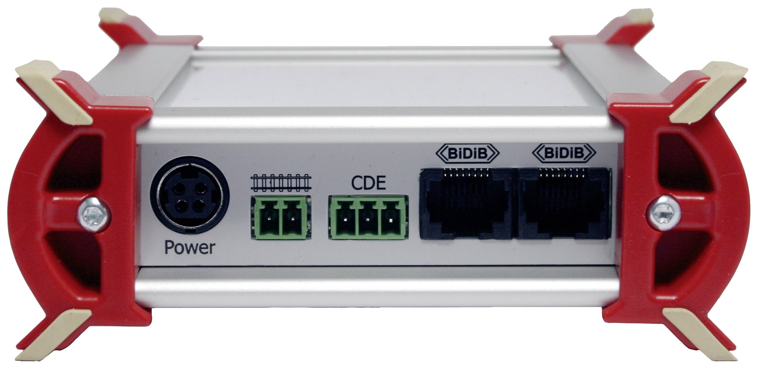 Srebreni elektronički uređaj s crvenim rubovima. Prikazuje priključke za struju, CDE i dva BIDIB porta na prednjoj strani.