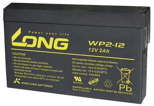 Long WP2-12 Loodaccu 12 V 2 Ah Loodvlies (AGM) (b x h x d) 150 x 90 x 20 mm Kabelschoen 4.8 mm Geringe zelfontlading, Onderhoudsvrij