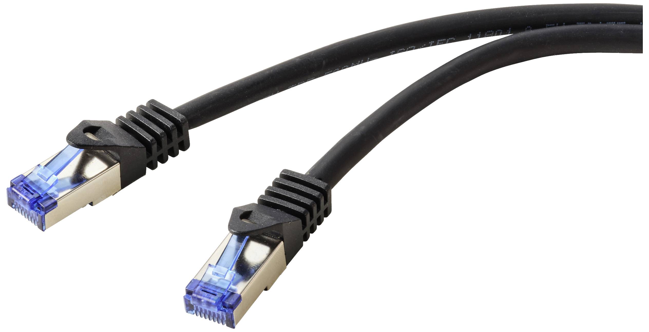 Dva crna Ethernet kabela s plavim utičnicama, često korištena za mrežne povezivosti u računalima ili usmjerivačima.