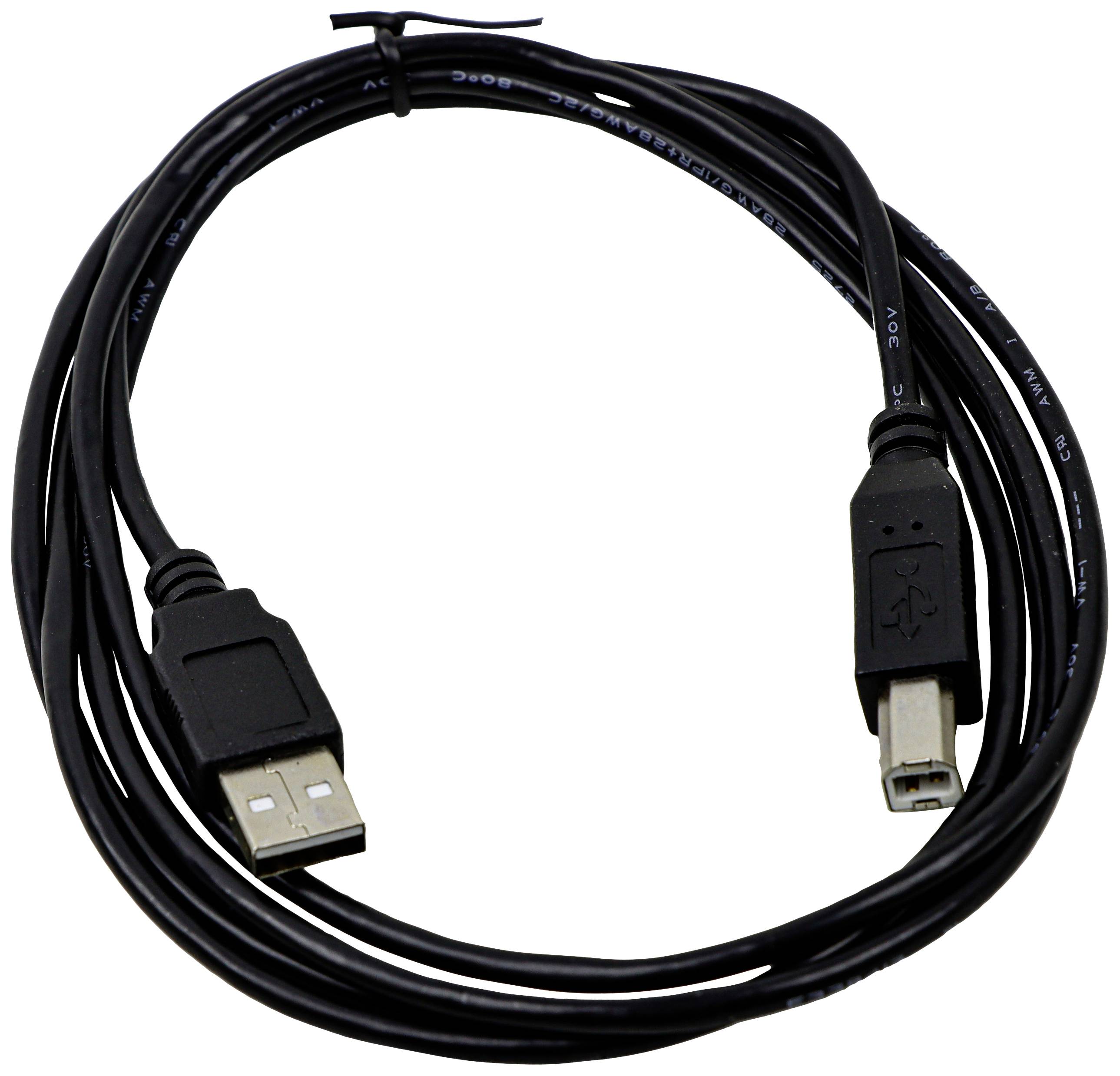 Crni USB kabel s Tip-A utikačem s lijeve strane i Tip-B utikačem s desne strane, namotane.