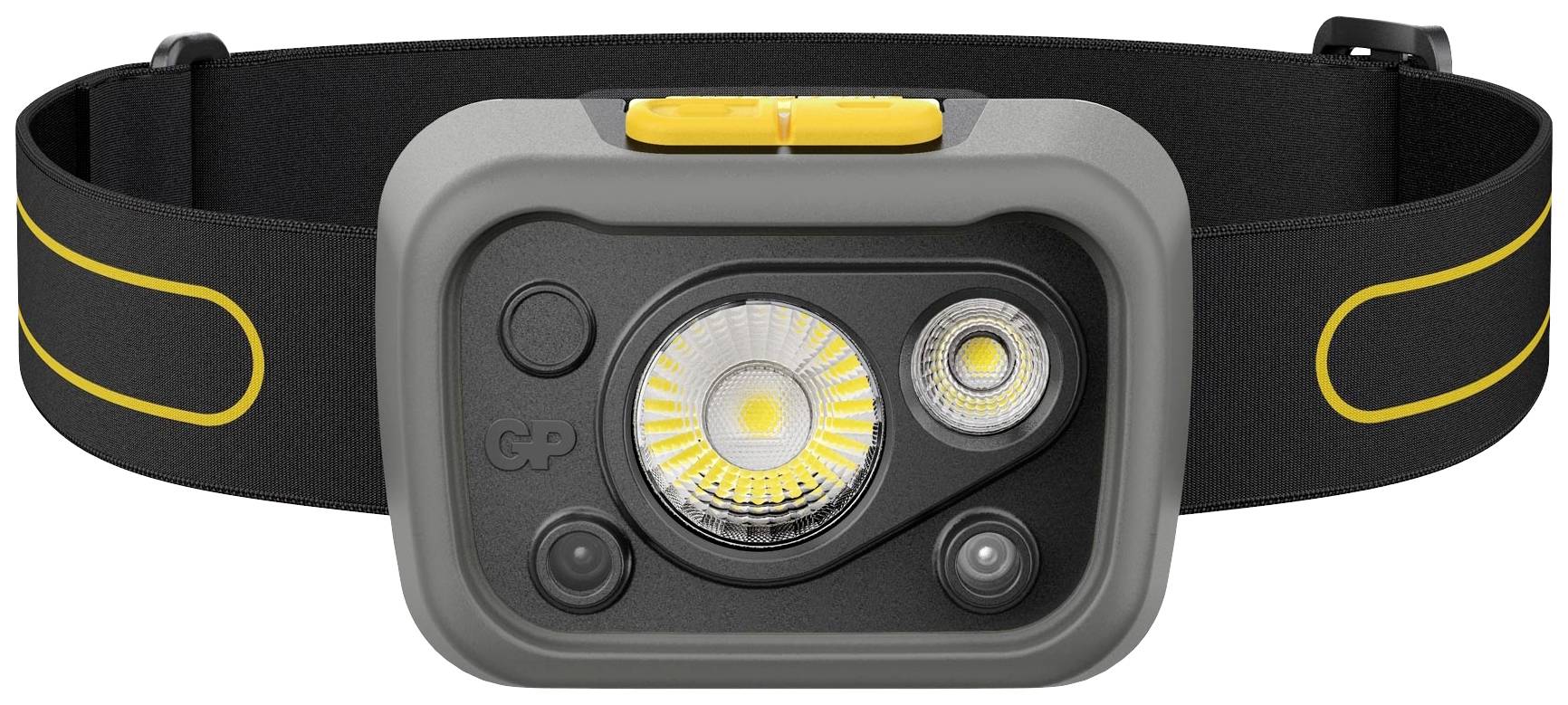 Čeona svjetiljka s crnom trakom i žutom dekoracijom. Dva LED osvjetljenja i žuti prekidač na sivom kućištu.