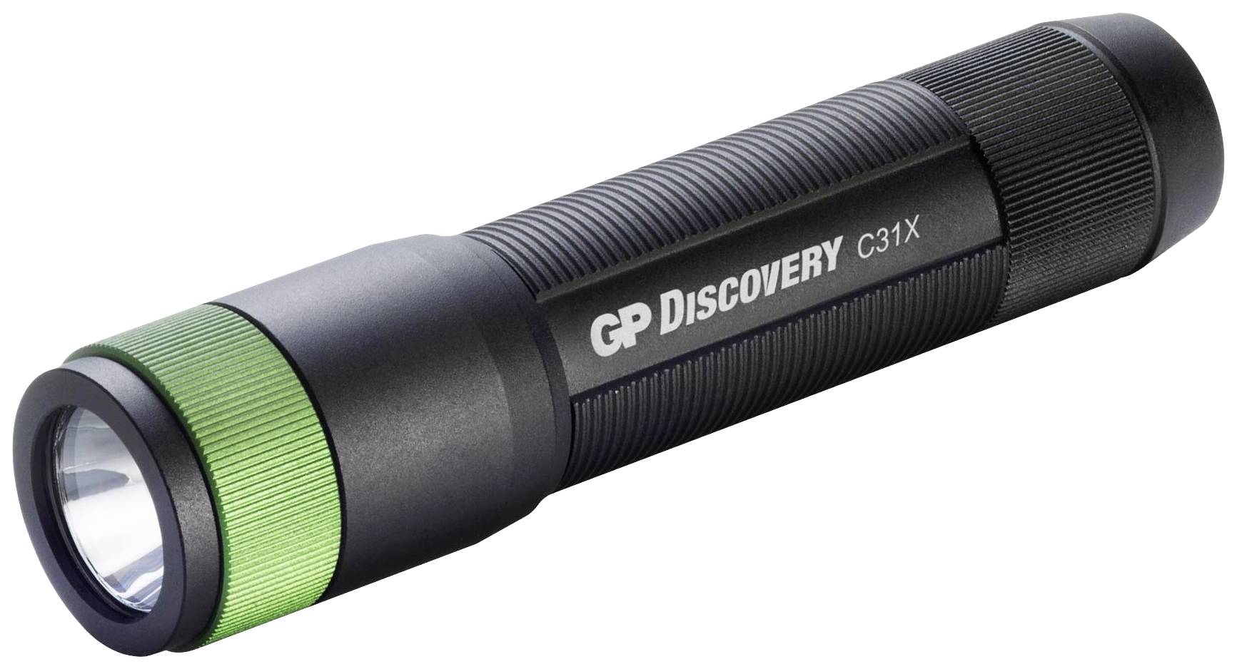 Ručna baterijska lampa s metalnim kućištem i zelenim prstenom na glavi lampe, model 'GP Discovery C31X'.