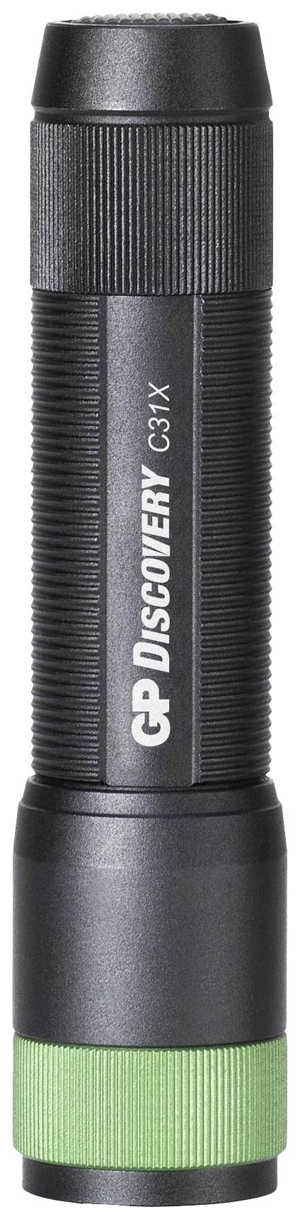 Crna baterijska svjetiljka s zelenim poklopcem i natpisom 'GP Discovery C33X' na boku.
