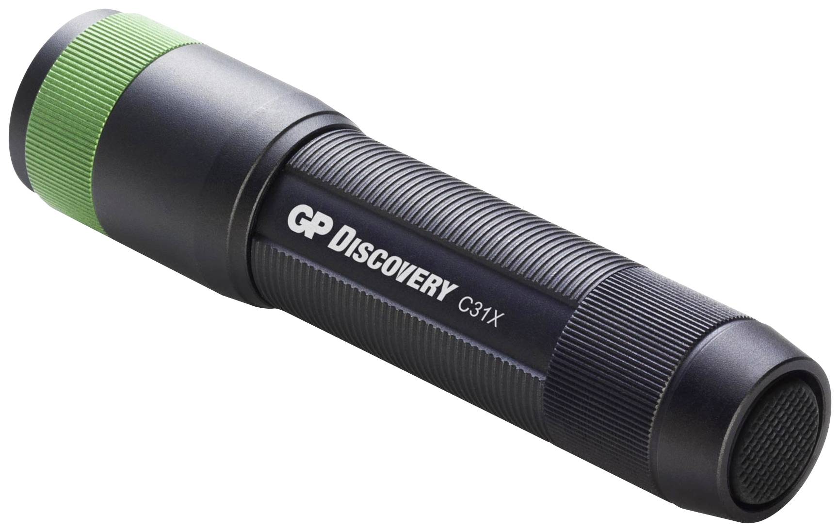 Crna baterijska lampa s zelenim prstenom, sa strane natpis 'GP Discovery C31X'.