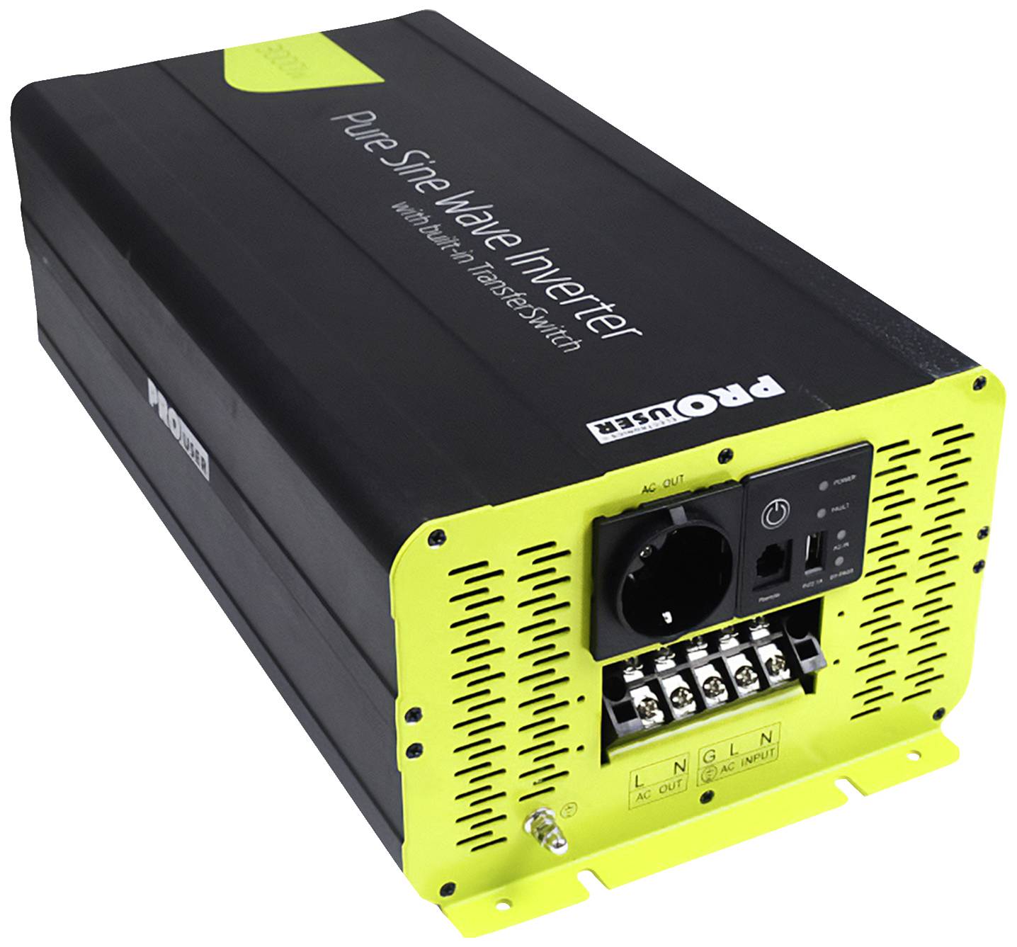 Crni i žuti pretvarač s natpisom 'Pure Sine Wave Inverter' na vrhu, prikazuje priključke i prekidače.
