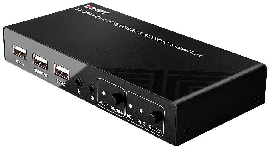 2-portni HDMI 4Kx2K USB 2.0 i Audio KVM preklopnik u crnoj boji, s priključcima za miš, tipkovnicu, zvuk i dva gumba za odabir uređaja.