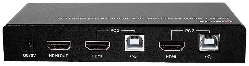 Crni HDMI preklopnik s više priključaka: dva HDMI izlaza, dva USB priključka za PC 1 i PC 2, DC/5V napajanje.