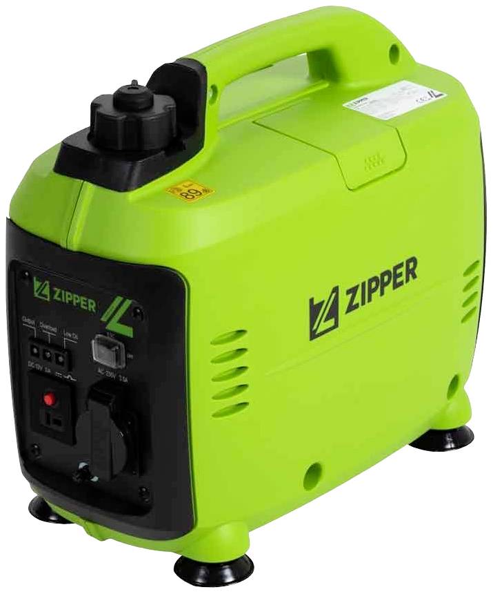 Prijenosni zeleni generator električne energije s kontrolnom pločom na prednjoj strani. Uređaj nosi oznaku marke 'Zipper'.