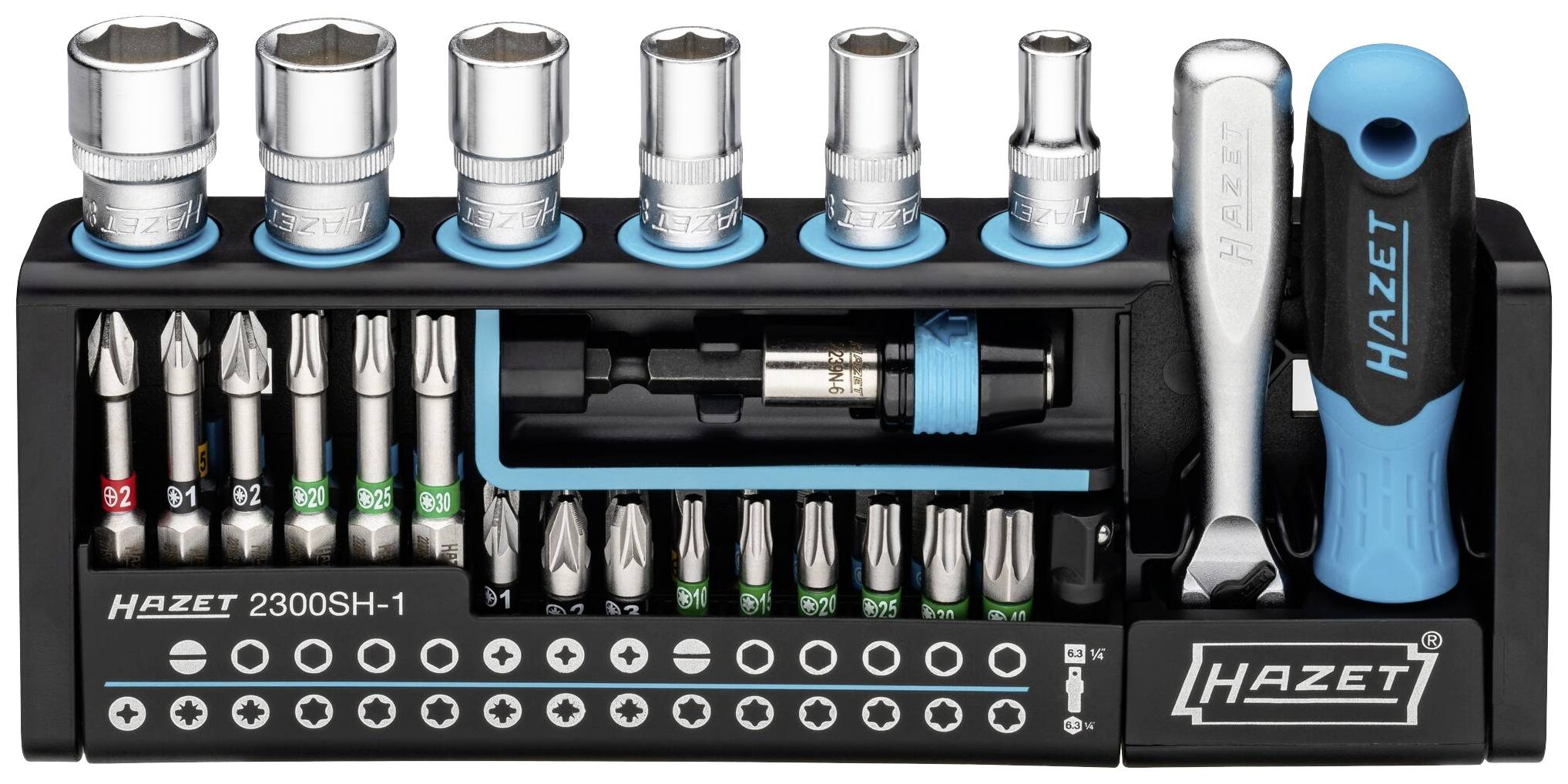 'Set s čavlima, bitovima, čegrtaljkom i ručkom odvijača. Alat na nosaču, vidljiv naziv marke 'Hazet'.'