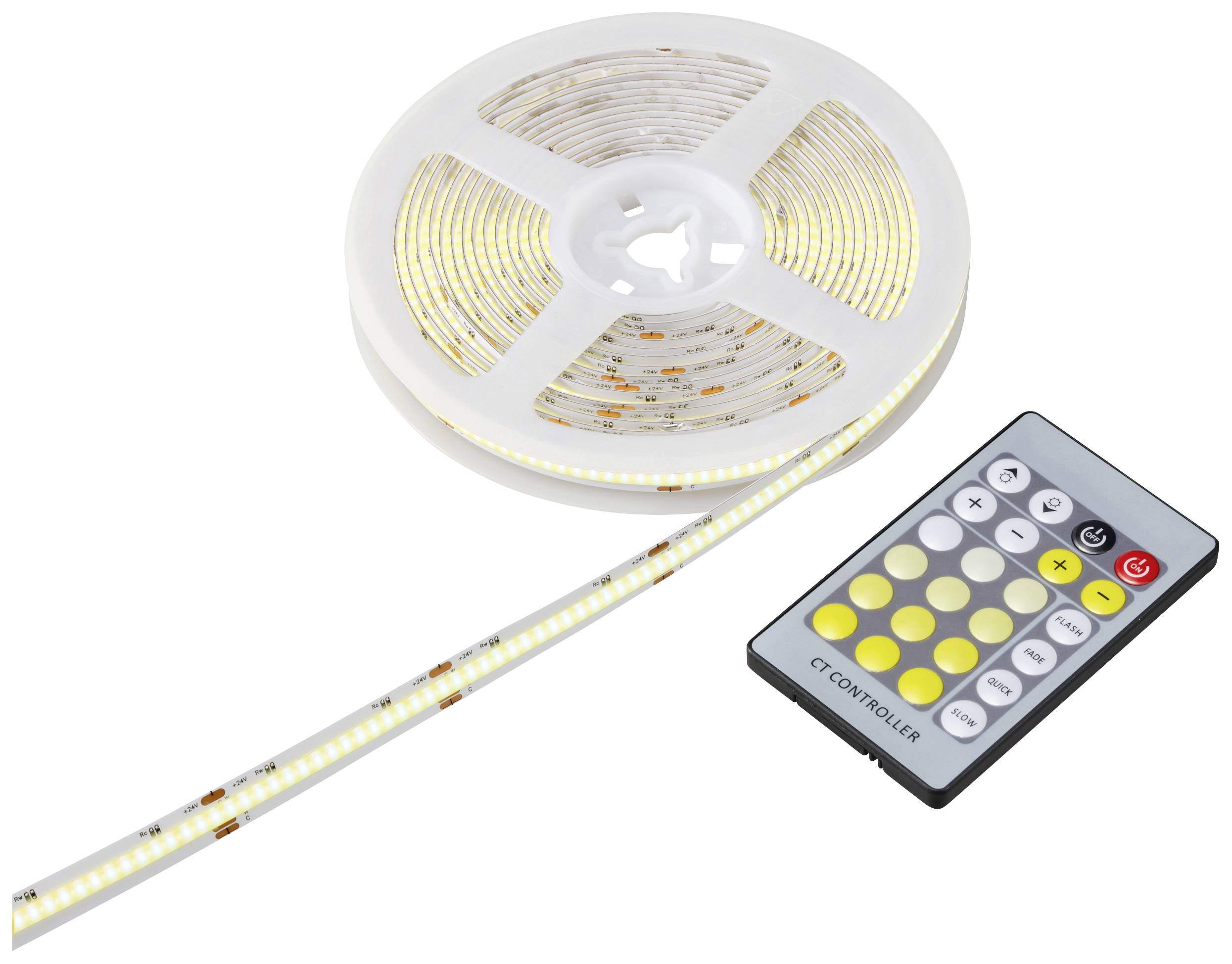LED-traka za osvjetljenje s daljinskim upravljačem. Daljinski upravljač prikazuje različite kontrolne tipke za prilagodbu svjetlosnih načina rada.