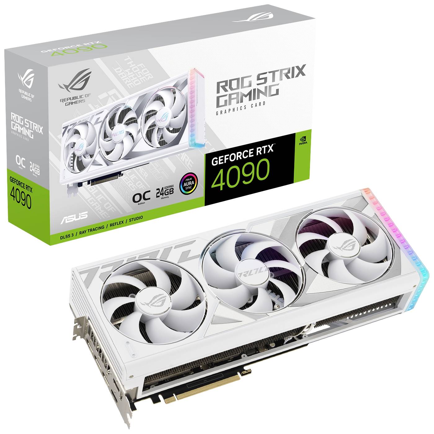 ASUS ROG Strix GeForce RTX 4090 Gaming grafička kartica s velikim dizajnom ventilatora, prikazana u bijeloj boji. Pakiranja prikazuje specifikacije.