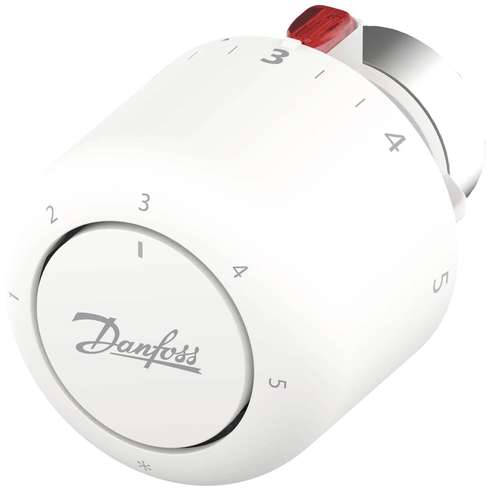 Bijeli termostatski gumb s brojevima od 1 do 5 i malim crvenim regulatorom gore. Označen Danfoss logotipom u sredini.