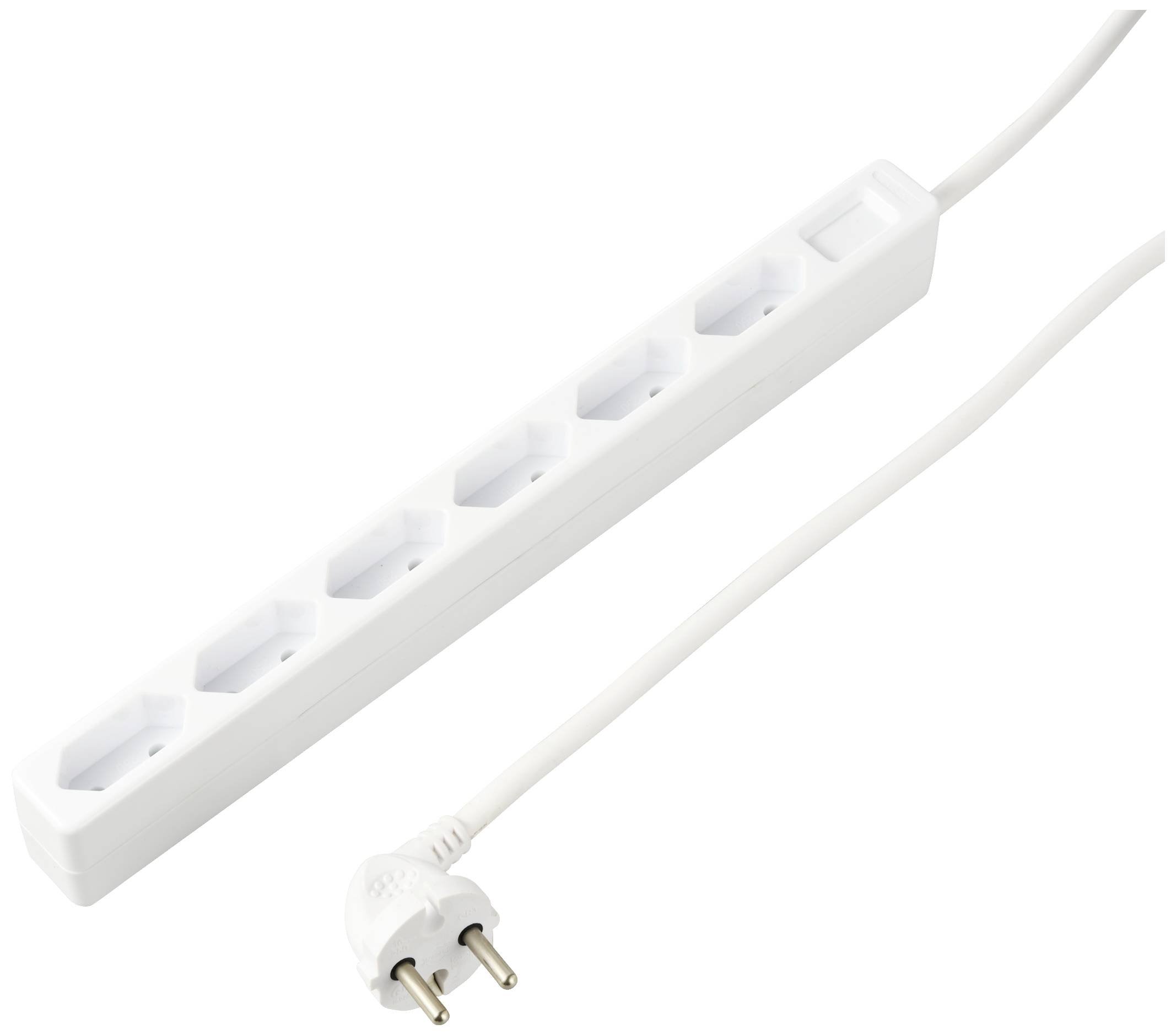 Bijela višestruka utičnica sa šest priključaka i kabelom s utikačem, pogodan za napajanje električnom energijom više uređaja.