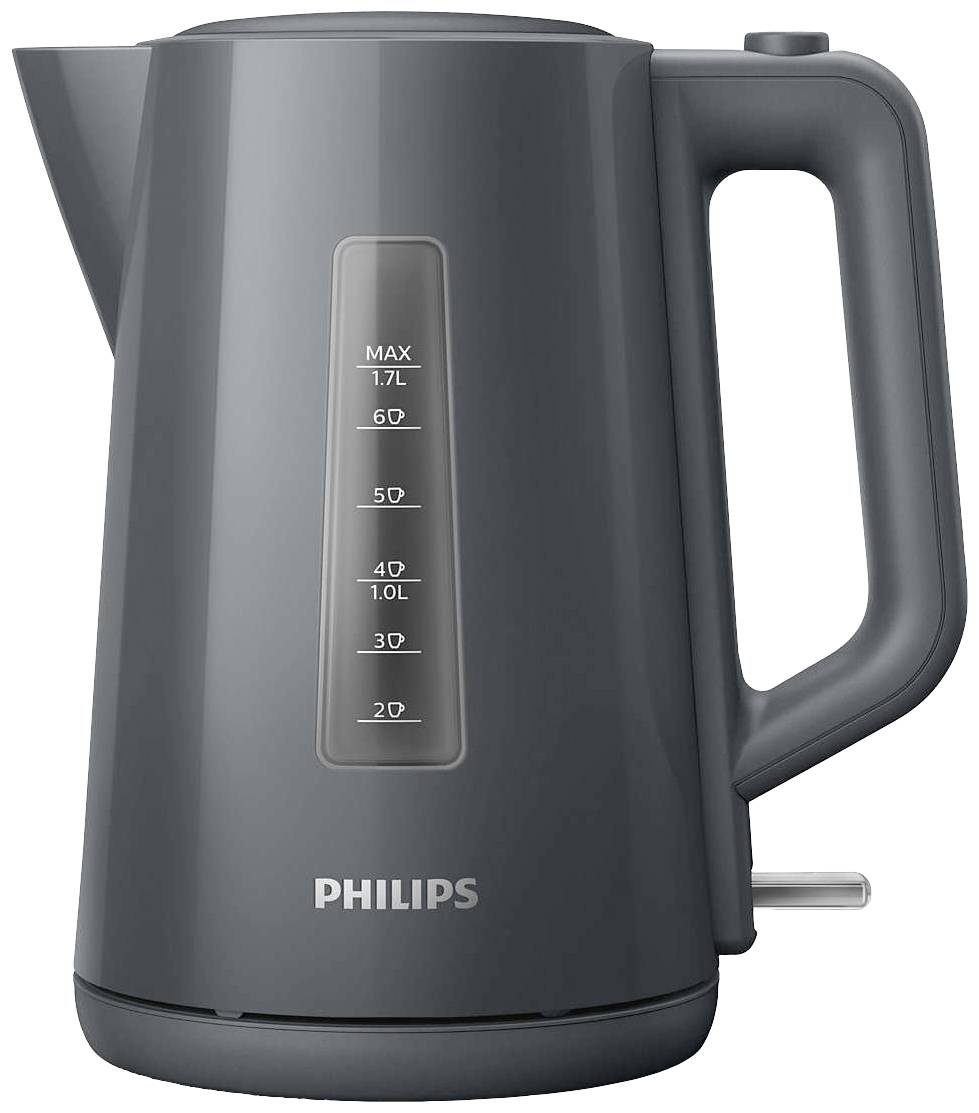 Tamnosivi grijač vode s vidljivim pokazivačem razine vode do 1,7 litara i Philips logotipom na dnu.