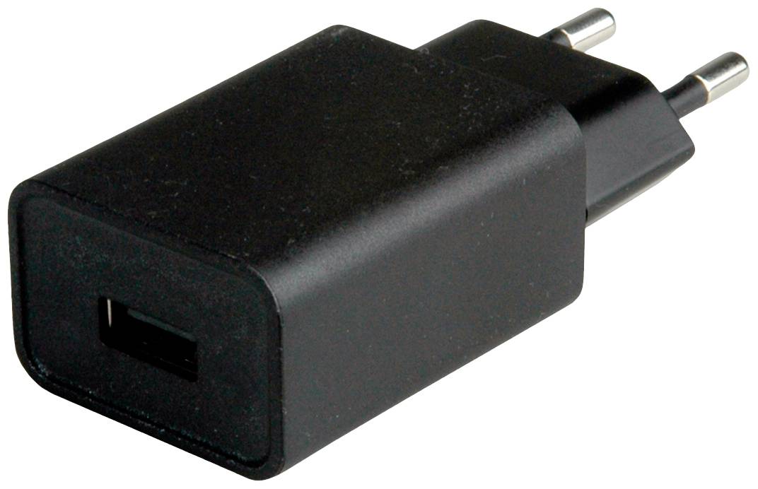 Crni USB punjač s dva metalna čepa za umetanje u utičnicu.