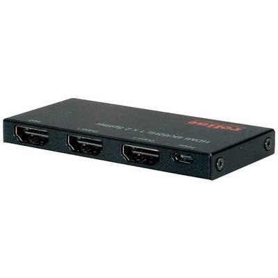 Crni HDMI razdjelnik s tri HDMI priključka na prednjoj strani i jednim dodatnim priključkom te ulazom za struju na bočnoj strani.
