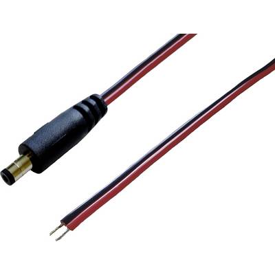 Crno-crveni električni kabel s istosmjernim utičem prikazuje razdvojeni kabel; jedan kraj ima standardni utikač, a drugi otvorene žice.