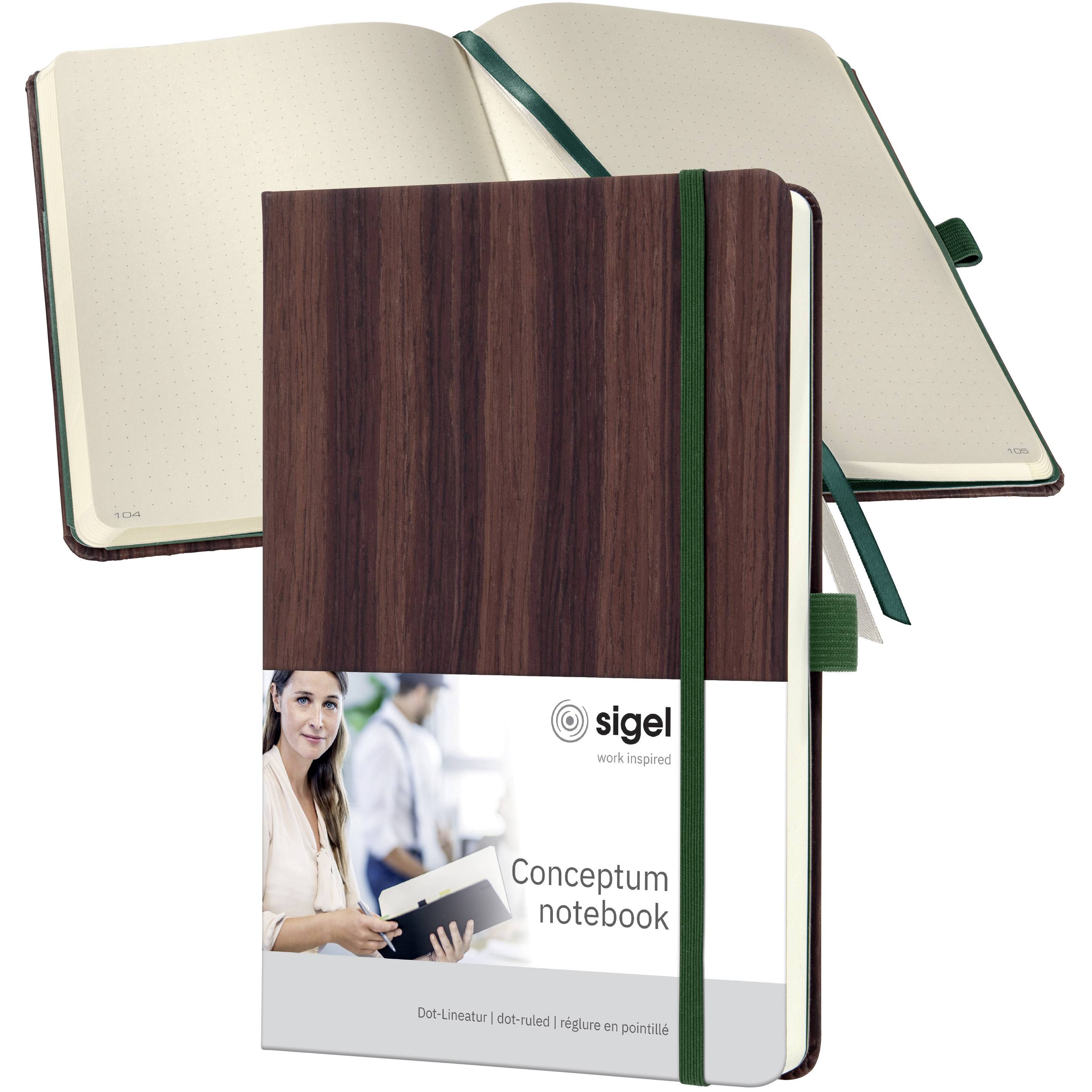 Bilježnica drva poput izgleda, sa zelenom gumenom trakom i knjižnim kazalom. Na omotnici se vidi naziv marke 'sigel' i 'Conceptum notebook'.