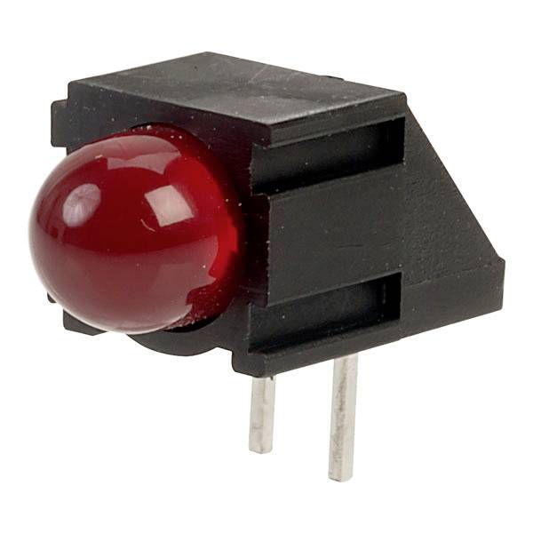 Crvena LED s dva metalna priključka, ugrađena u crućašanje od plastike, za upotrebu u elektroničkim sklopovima.