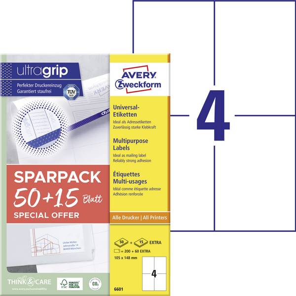 Avery-Zweckform 6601 univerzalne naljepnice 105 x 148 mm papir bijela 260 St. trajno prianjanje  laserski pisač u boji, laserski pisač
