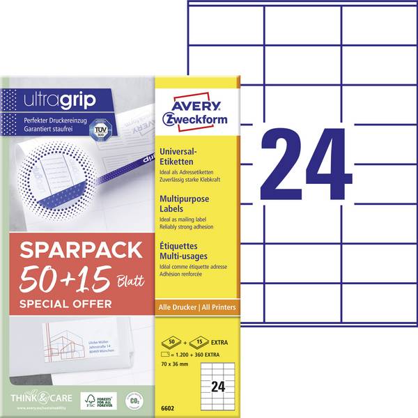 Avery-Zweckform 6602 univerzalne naljepnice 70 x 36 mm papir bijela 1560 St. trajno prianjanje  laserski pisač u boji, laserski pisač