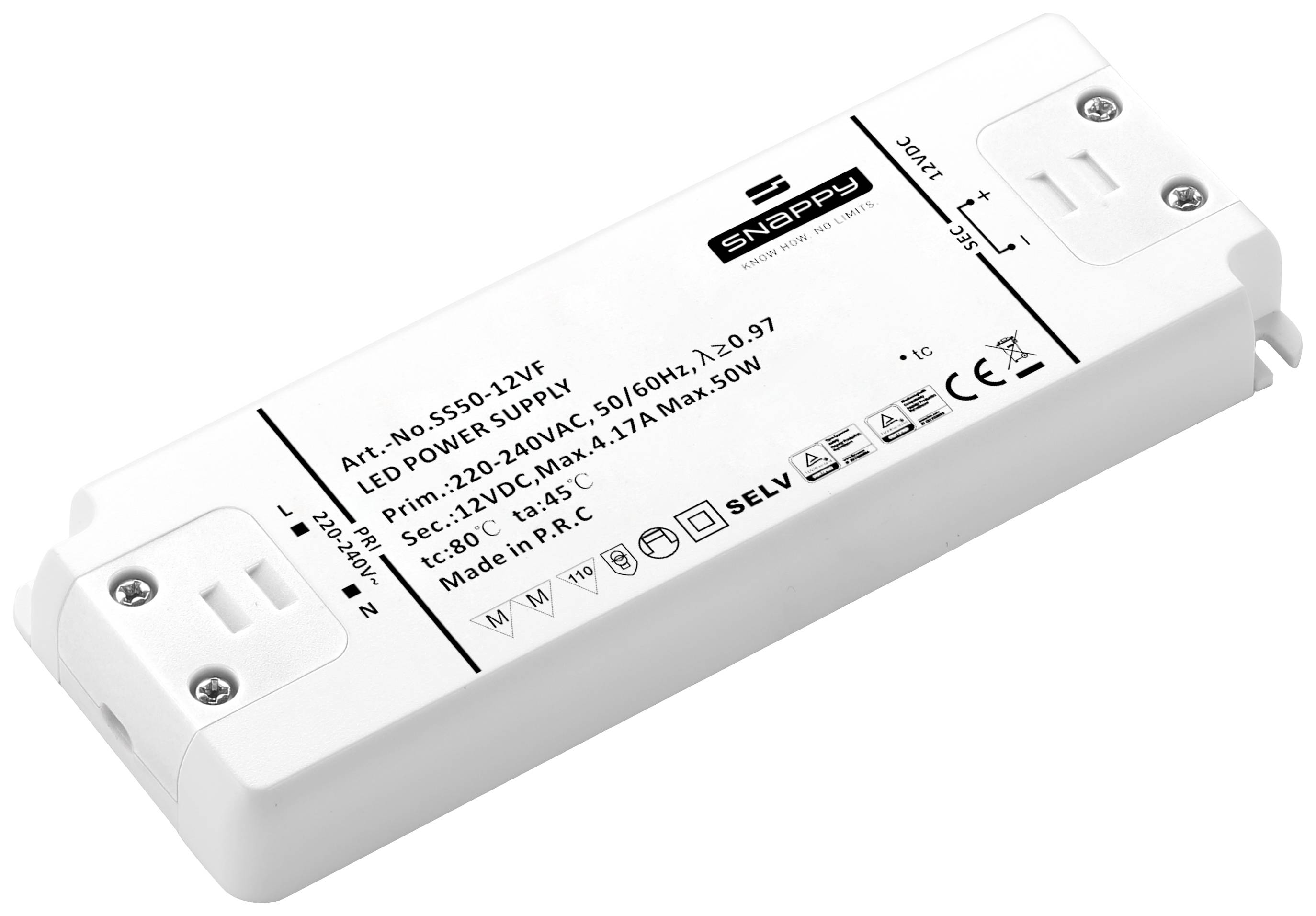 LED upravljačka jedinica s tehničkim specifikacijama: 12V, 40W, model SS50-12VF. Pravokutni bijeli oblik, natpisi i logotipi vidljivi.