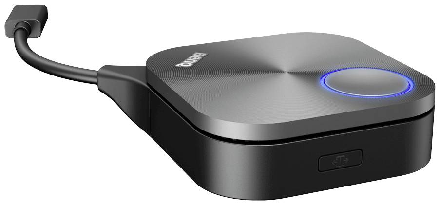 Pravokutni, sivi elektronički uređaj sa zaobljenim rubovima i plavim svijetlećim prstenom na vrhu, spojen kratkim kabelom.