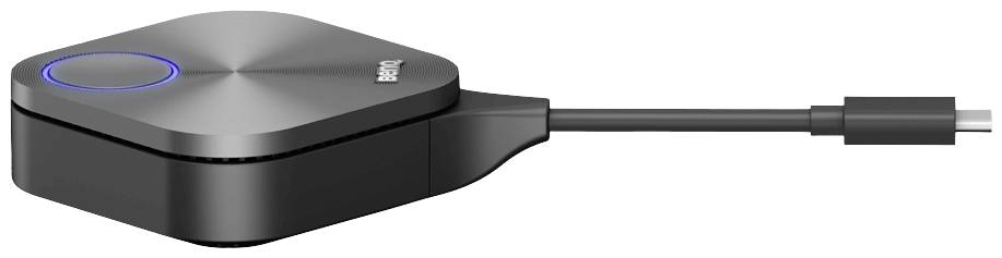Bežični prezentacijski predajnik s USB-C priključkom. Pravokutno, tamno kućište s osvjetljenom tipkom na vrhu.