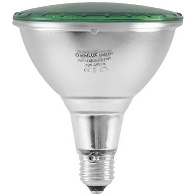 Srebrna LED-lampa s zeleno obojenim staklom, marke Omnilux, za PAR38 grlo. Energetski učinkovito rasvjetno rješenje.
