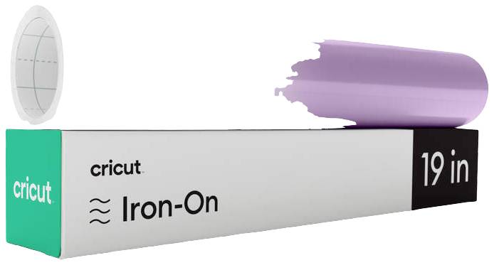 Cricut-transfer papir za likanje. Lijevo je zeleni Cricut logo, desno odsječak ljubičastog transfer papira, duljine 19 inča.