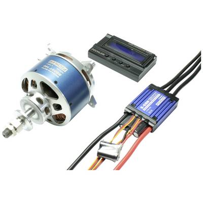 Elektromotor s plavim kućištem, povezan s elektroničkim regulatorom brzine i malim digitalnim prikazivačem.