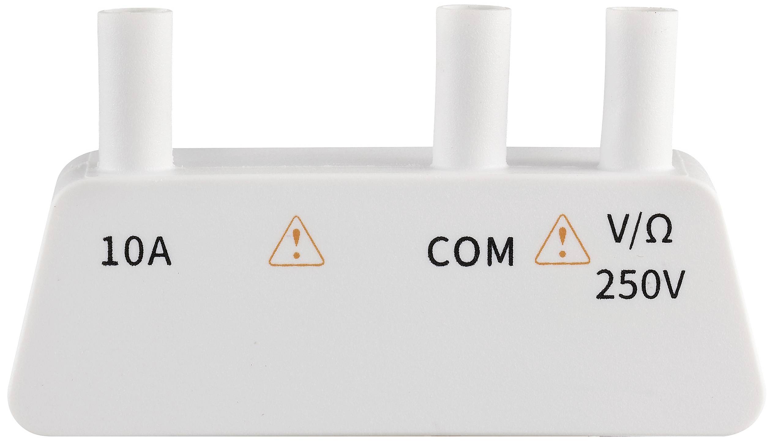 Bijeli adapter s tri priključka, označen natpisima '10A', 'COM' i 'V/Ω 250V', svaki ispod znaka upozorenja.