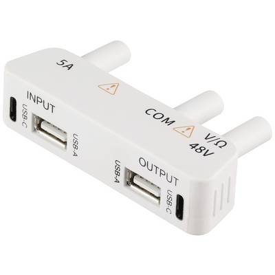 Bijeli adapter za distribuciju s dva USB-C i dva USB-A priključka, označen kao 'INPUT' i 'OUTPUT'. Označen s 5A, COM, 48V.