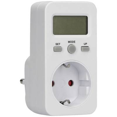 Bijeli uređaj za mjerenje električne energije s zaslonom i tipkama za 'Set', 'Mode' i 'Up', koji se uključuje u utičnicu.