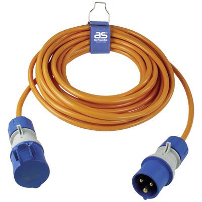 Narančasti produžni kabel duljine 10 metara s plavim utikačem i plavom utičnicom od tvrtke AS Schwabe, pogodan za kampiranje.