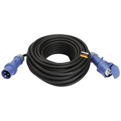 Crno-plavi produžni kabel s plavim utikačem i plavom utičnicom, namotanim na kolut. Priložena njemačka naljepnica.