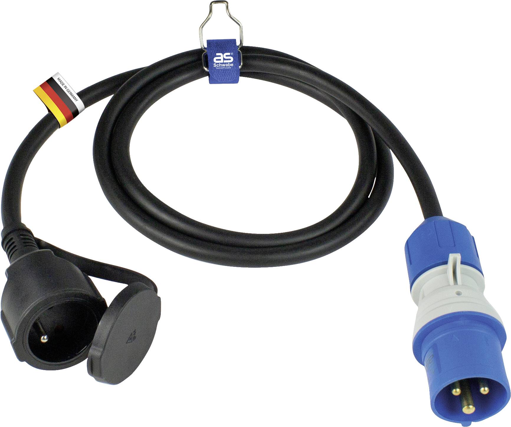 Crni produžni strujni kabel s plavim i crnim utikačem, pogodan za industrijske primjene.