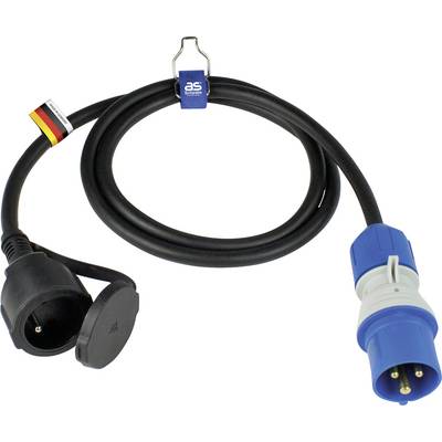 Crni produžni strujni kabel s plavim i crnim utikačem, pogodan za industrijske primjene.