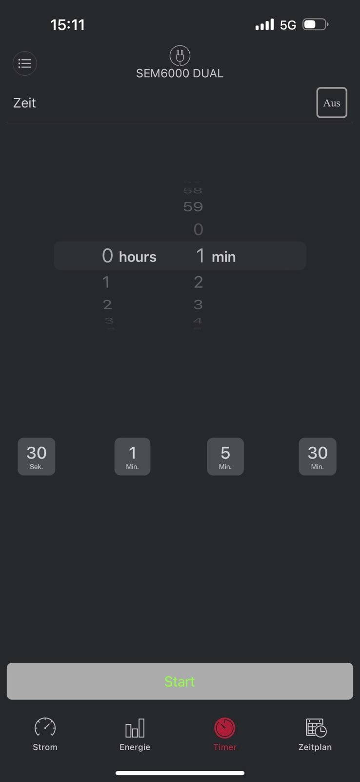 Zaslon aplikacije 'SEM6000 DUAL' prikazuje postavke tajmera s odabranom minutom. Opcije: 30 sekundi, 1, 5, 30 minuta. Gumb za pokretanje na dnu.