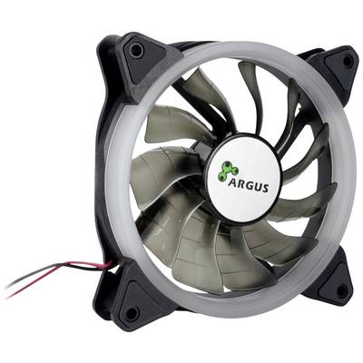 Ventilator za računalo s prozirnim lopaticama rotora, crnim okvirom i logom 'ARGUS' u sredini. Električni kabel s lijeve strane.