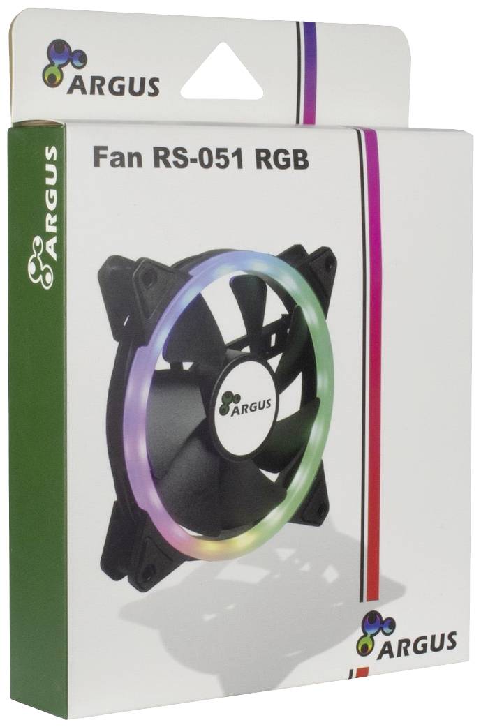 Na slici je prikazana ambalaža Argus RS-051 RGB ventilatora koja pokazuje osvjetljeni ventilator s logotipom i bojama poput duge.